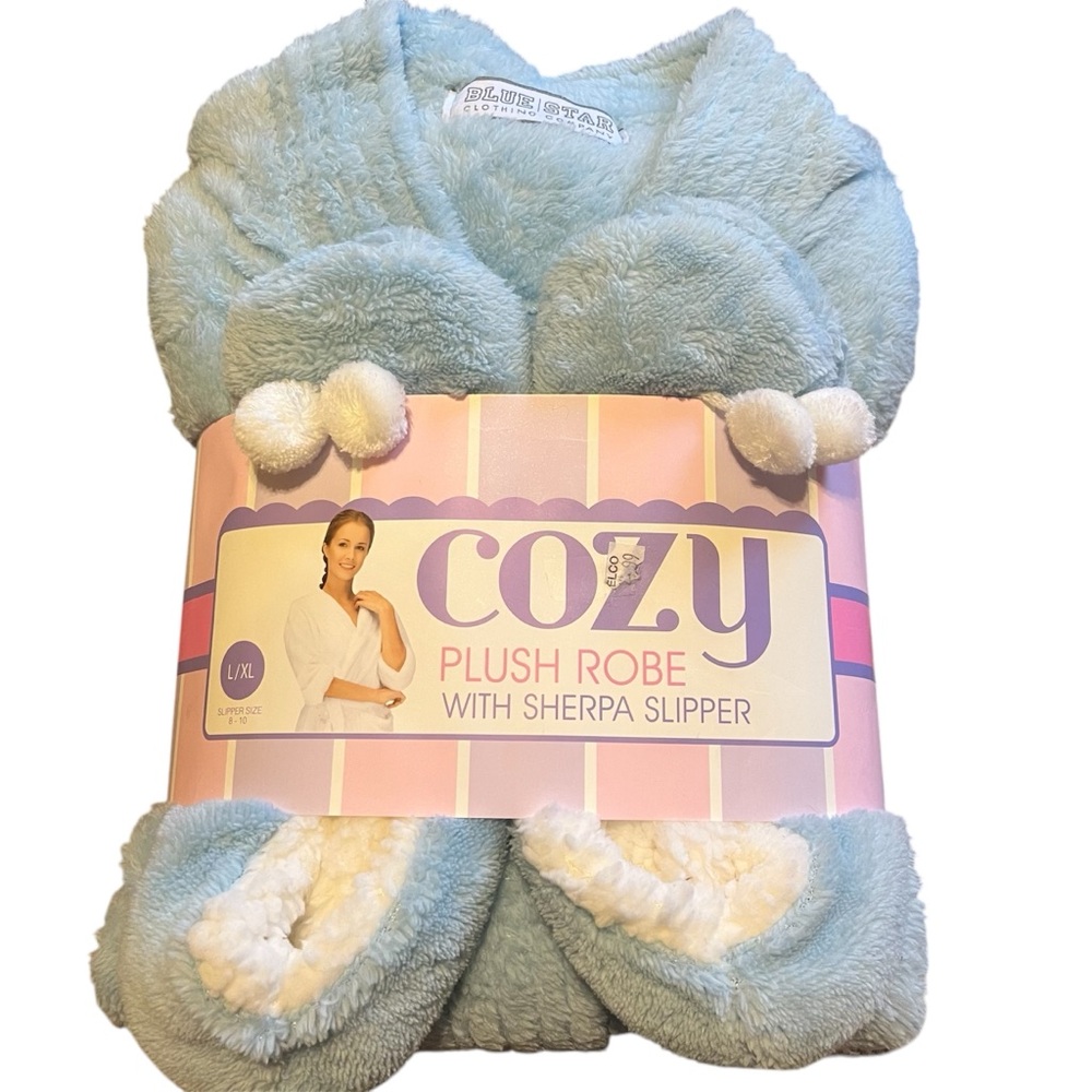 Cozy Plush Robe with Sherpa Slipper Set - Light Blue